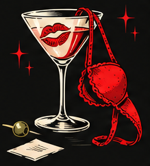 Martini glass with a lipstick kiss and a red bra